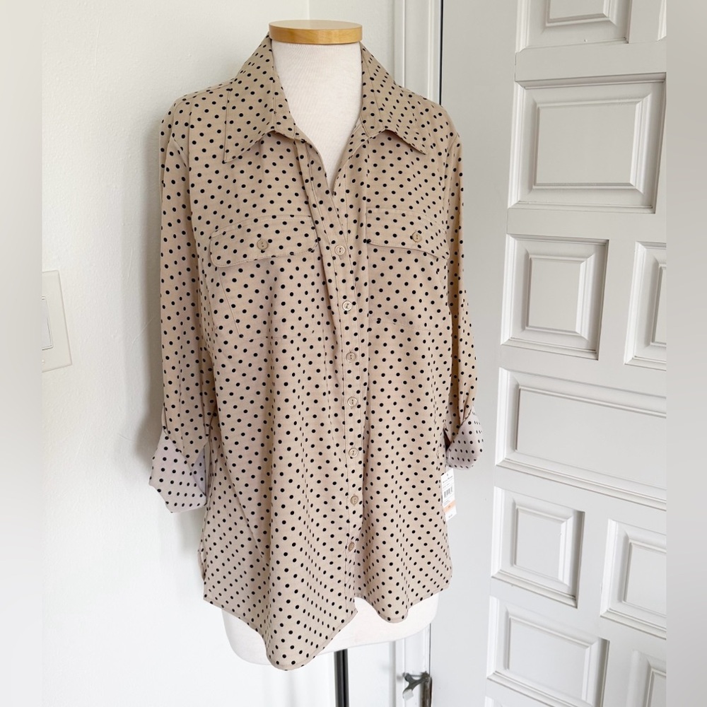 NWT Studio Works Woman Beige Taupe Black Polka Dot Button Down Shirt Women’s 2X